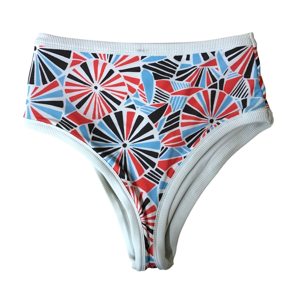 Aerie High Waisted Cheeky Bikini Bottoms Small Ribbed Geometric Sunburst Print